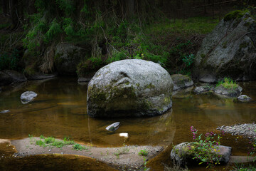 Round granite boulder in calm forest stream of Kamp river in Waldviertel Austria © fotofrank