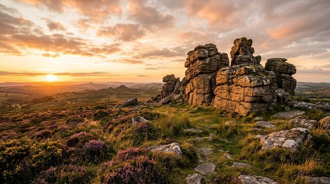 Majestic sunset over a rocky mountain landscape with purple heather flowers and rolling hills at dusk in the moorland.