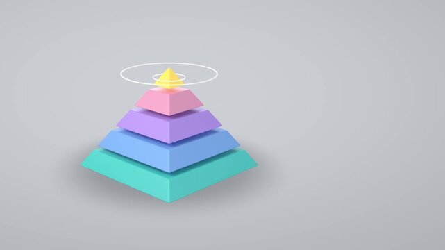 3D Pyramid Chart with Five Floating Layers Stacking Up and Glowing Gold Top Hierarchy Infographic Seamless Loop 4K