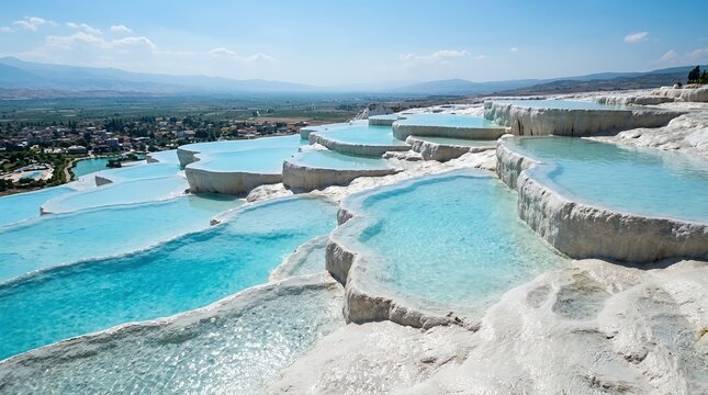 Stunning Natural White Limestone Terraces and Turquoise Mineral Pools Panoramic Landscape View for Travel Background
