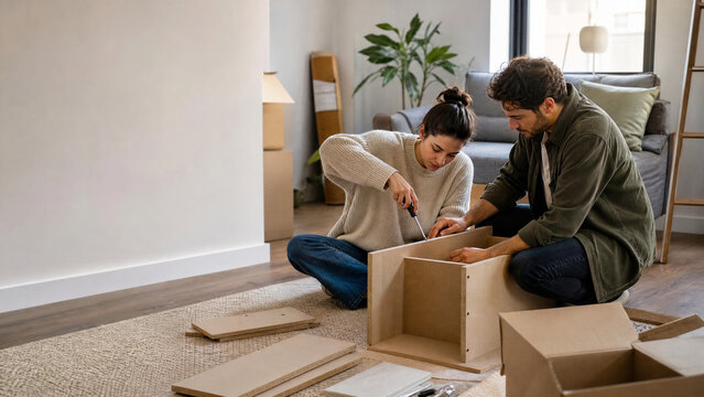 Young couple sitting on the floor assembling wooden furniture pieces inside their new apartment home