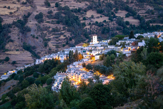 Panoramic view of Capileira at dawn, Granada, Andalusia, Spain