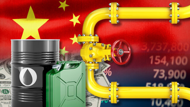 The Chinese gas and fuel industry and energy production costs; fluctuations in Chinese gasoline and oil prices. Visual elements include the Chinese national flag, a yellow distribution pipeline