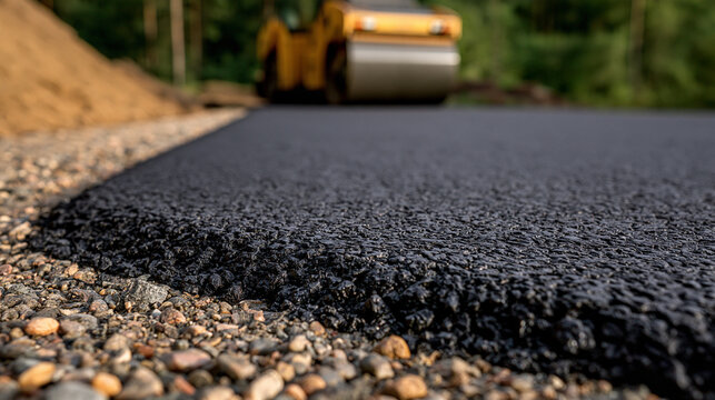 Elegant photo of Fresh black asphalt is laid on a road with a blurry compactor in the background. Ideal for infrastructure development concepts.