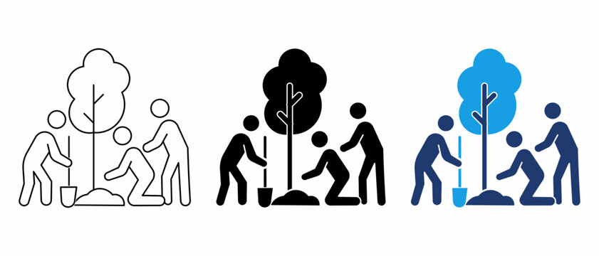 People planting a tree together icon collection in outline, solid, and colored styles for ecology, volunteering, and nature conservation graphics.