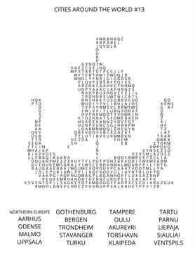 A Glimpse of a Paper-Based Word Search Puzzle with City and Country Names