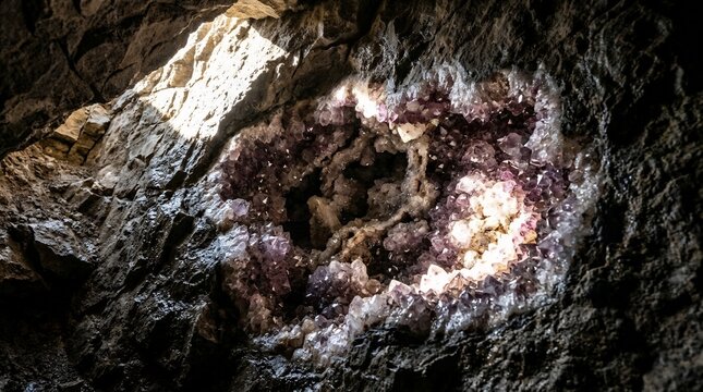 Stunning purple amethyst geode crystal formation embedded in the rock wall of a dark natural cavern with light beam