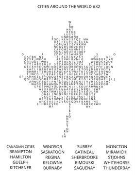 Human Eyes Word Search Puzzle with City Names Across Multiple Countries and Provinces