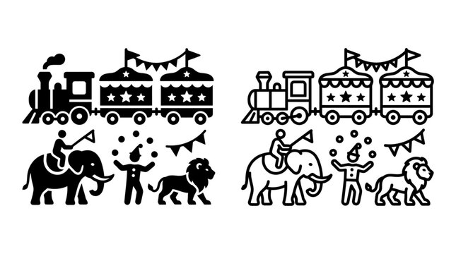 Circus parade graphic set with train animals and performers
