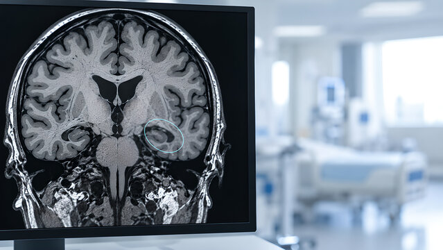 Early Alzheimer disease brain MRI concept with subtle hippocampal volume loss on a grayscale radiology display in a hospital setting for neurology research, medical education and patient awareness