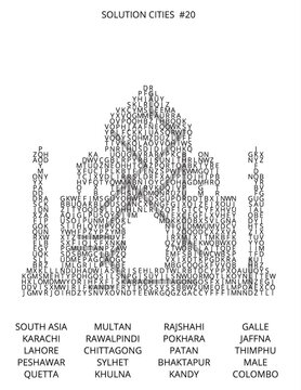 Intricate Word Search Puzzle with Hidden South Asian Cities and Countries