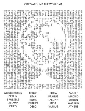 World Cities and Capitals Word Search Puzzle with International Travel Theme