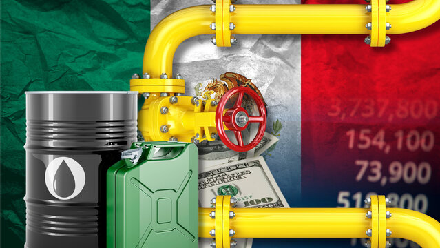 The Mexican gas and fuel industry and energy production costs; the impact of the petrodollar and fluctuations in Mexican oil and gasoline prices. Visual elements include the Mexican national flag