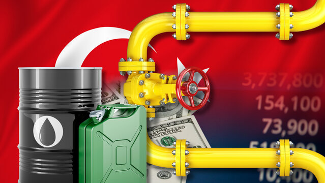 The Turkish gas and fuel industry and energy production costs; the impact of the petrodollar and fluctuations in Turkish oil and gasoline prices. Visual elements include the Turkish national flag