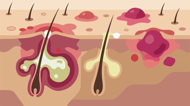 Cystic acne skin cross section vector diagram. Blocked pore hair follicle inflammation illustration. Severe pimple layer medical concept.