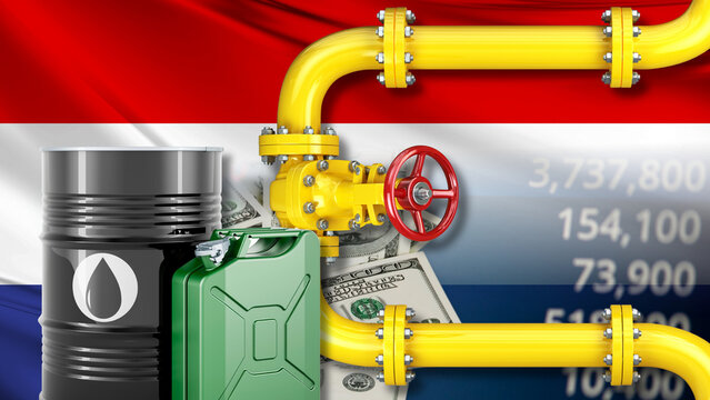 The Dutch gas and fuel industry and energy production costs; the impact of the petrodollar and fluctuations in Netherlands oil and gasoline prices. Visual elements include the Netherlands national 
