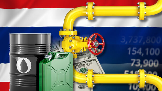 The Thai gas and fuel industry and energy production costs; the impact of the petrodollar and fluctuations in Thailand oil and gasoline prices. Visual elements include the Thailand national flag