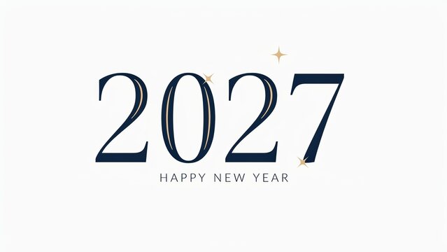 Elegant typography celebrating happy new year two thousand twenty seven with gold glittering stars on white background