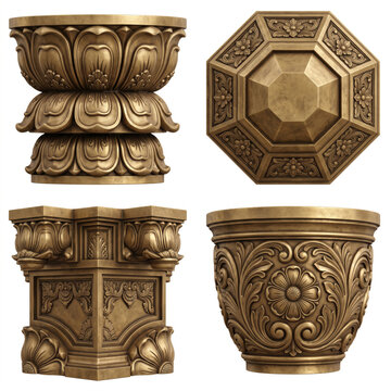 Collection of four carved architectural ornaments with floral capitals, rosette relief, and geometric decorative details