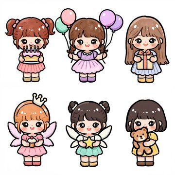 Exactly six adorable chibi children attending a birthday party, arranged separately in a balanced 2x3 composition watercolor and gouache illustration,