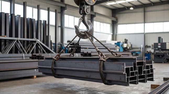 Industrial Crane Hook and Slings Lifting Structural Steel Beams Inside Warehouse