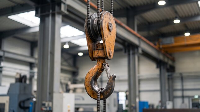 Heavy Duty Overhead Crane Hook and Steel Cables Inside Modern Industrial Manufacturing Factory
