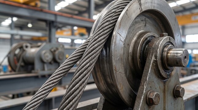 Steel Wire Rope Running Through Industrial Crane Pulley Sheave Close-Up for Engineering and Maintenance