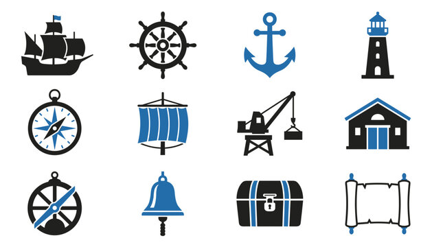 maritime history nautical navigation and seafaring icon set.