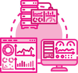 Obraz premium Dashboard icon presenting diverse data analytics, processing, and visualization across desktop monitors and laptops for comprehensive business intelligence and health monitoring