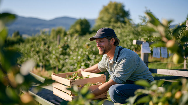 Orchard farmer lifts a heavy wooden crate with careful bent knee form beside a half finished fruit grading conveyor in a quiet rural landscape, imperfect handmade jam labels