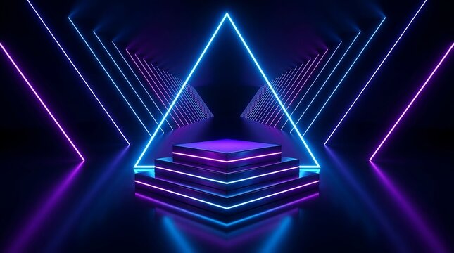 Three-tiered square pedestal platform with glowing blue and purple neon triangular light frames in a dark reflective space