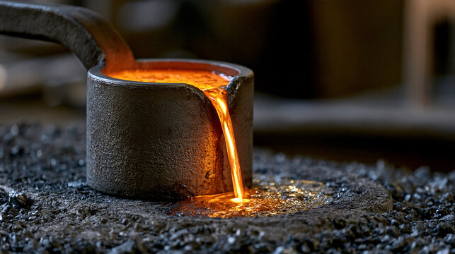 Elegant photo of Molten glowing metal pours from a casting ladle in a dark foundry. Great for industrial manufacturing and metalwork industry concepts.