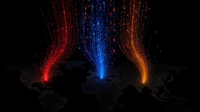 Colorful Data Flow Streams of Light Over a Dark World Map in Abstract Visualization