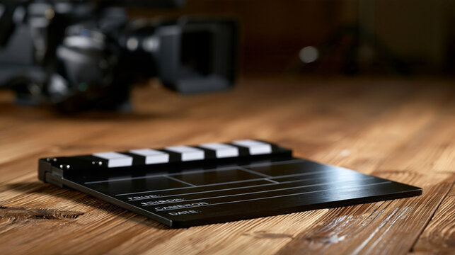 Elegant photo of A movie clapperboard rests on a rustic wooden table with a blurred cinema camera in the background. Ideal for film production and cinematography concepts.