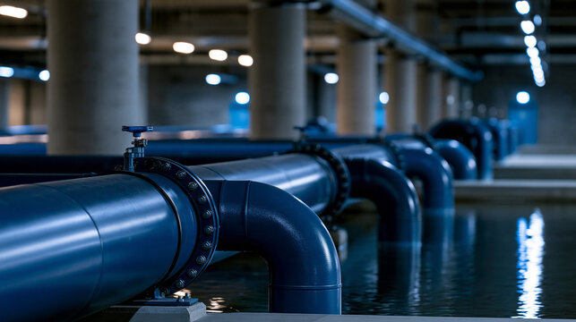 Elegant photo of Large blue pipelines and valves channel water inside an industrial treatment facility. Ideal for civil engineering and public utilities infrastructure concepts.