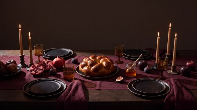 jewish holiday rituals, a dark-academia rosh hashanah still life featuring a round challah and rich fruits
