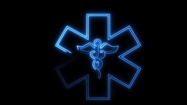 Glowing neon medical symbol with rod of Asclepius in bluw on black background, perfect for futuristic health service design, 4k video.
