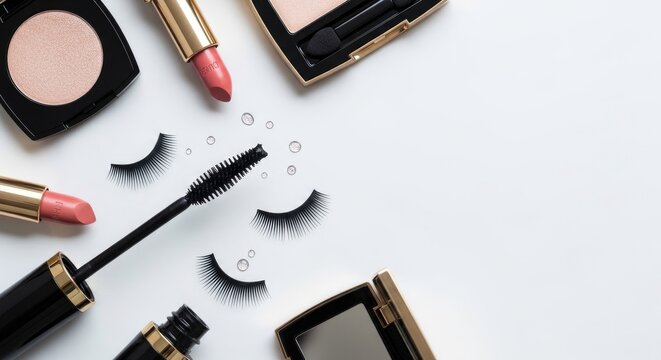 A collection of makeup products is scattered on a white surface. A gold mascara wand lies across several eyeshadow palettes and false eyelashes.