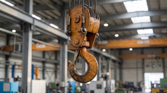 Heavy Duty Overhead Crane Hook and Steel Cables Inside Modern Industrial Manufacturing Factory