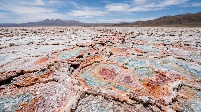 Vibrant Mineral Deposits and Salt Formations on a Vast Arid Plateau with Distant Mountains under a Clear Blue Sky
