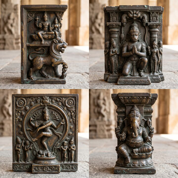 Collection of four carved architectural reliefs and sculptural figures with traditional ornamental detailing