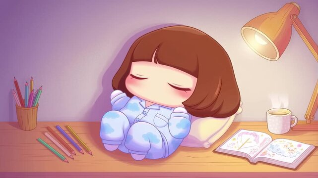 Chibi character sleeping peacefully on desk with rhythmic zzz text in slow motion adorable cartoon style scene for relaxation