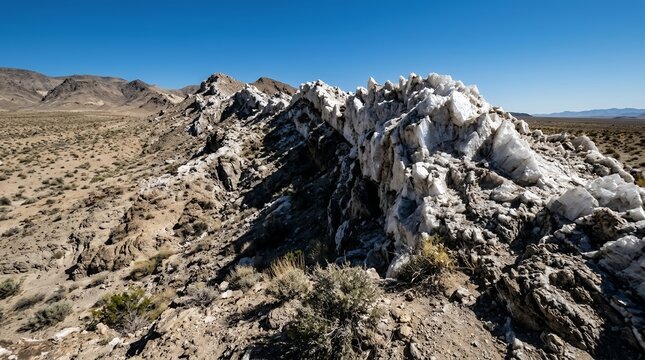White Crystalline Salt Rock Formations in Vast Arid Desert Landscape Under Clear Blue Sky with Distant Rocky Mountains