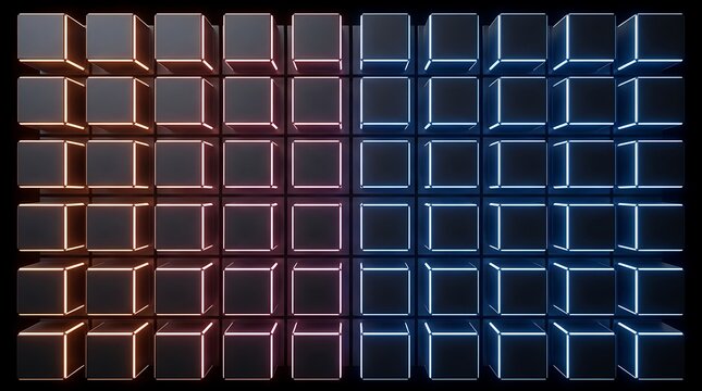 Grid of dark 3 d cubes with glowing orange and blue edges, arranged in a repeating pattern against a solid black background