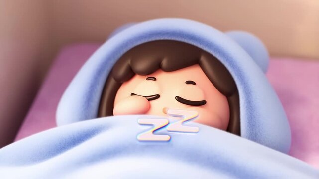 Chibi character sleeping peacefully under blanket with rhythmic zzz sound in slow motion adorable cartoon style with calm mood