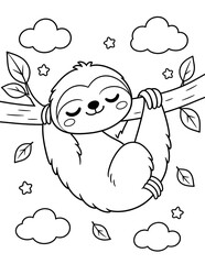 Obraz premium Kawaii sloth sleeping peacefully on a tree branch surrounded by clouds stars and leaves outline