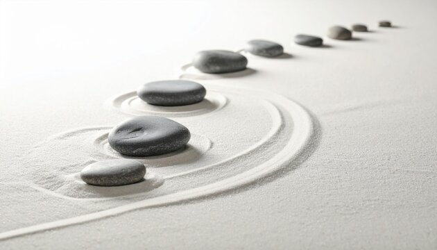 Row of smooth, dark grey stones arranged in tranquil raked sand patterns, symbolizing zen and balance.