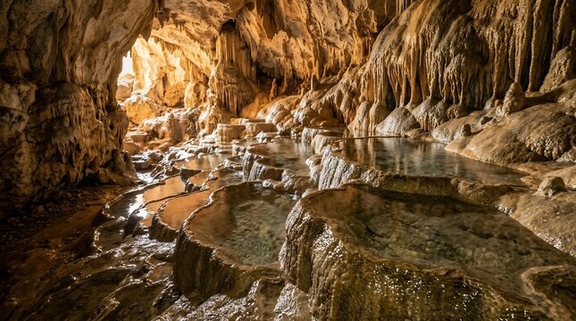 Stunning underground limestone cave with cascading water pools, ancient rock formations and warm natural golden light