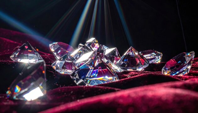 Collection of large, clear, faceted diamonds sparkling under dramatic spotlights on rich velvet surface