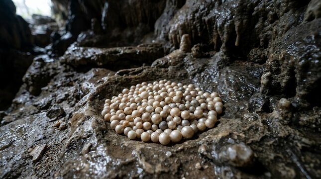 Close Up of Natural Cave Pearls Formed Deep Within a Dark Underground Limestone Cavern with Wet Rock Textures